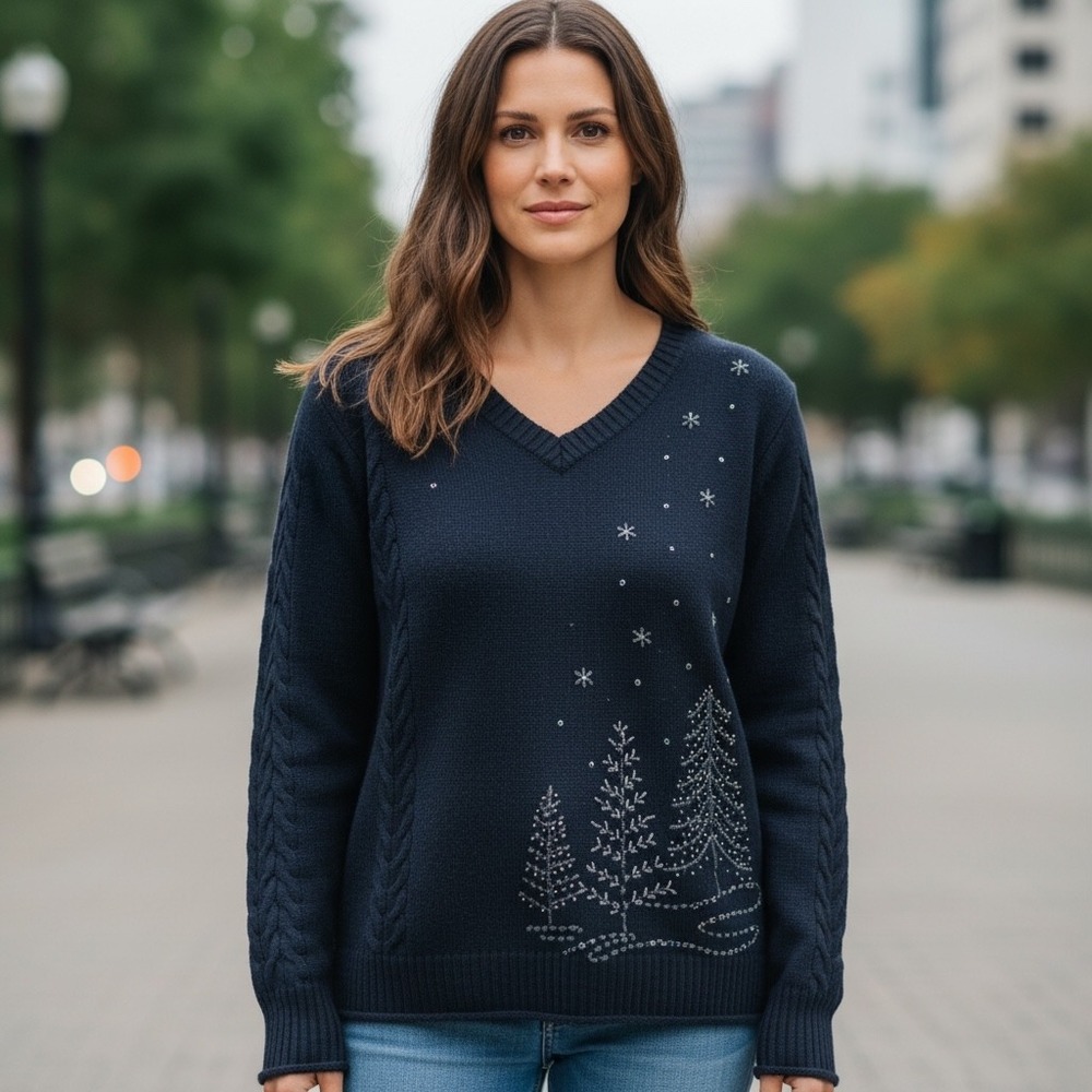 White Stag Women's V Neck‎ Long Sleeve Beaded Christmas Tree Sweater Black 2XL